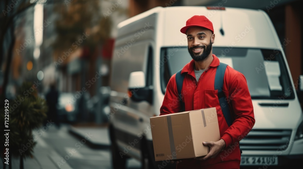 Delivery courier service. Delivery man in cap and uniform holding a cardboard box near a van truck delivering to customer home. Smiling man postal delivery man delivering a package Ai generated Delivery courier service. Delivery man in cap and uniform holding a cardboard box near a van truck delivering to customer home. Smiling man postal delivery man delivering a package Ai generated