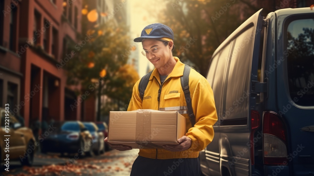 Delivery courier service. Delivery man in cap and uniform holding a cardboard box near a van truck delivering to customer home. Smiling man postal delivery man delivering a package Ai generated