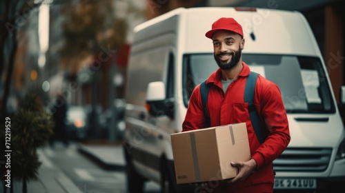 Delivery courier service. Delivery man in cap and uniform holding a cardboard box near a van truck delivering to customer home. Smiling man postal delivery man delivering a package Ai generated photo