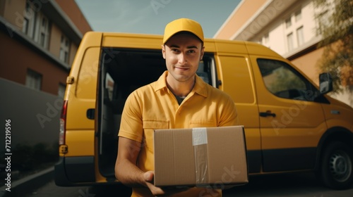Delivery courier service. Delivery man in cap and uniform holding a cardboard box near a van truck delivering to customer home. Smiling man postal delivery man delivering a package Ai generated © qntn