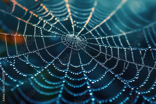 macro shot of a spiderweb glistening with morning dew, capturing the intricate details