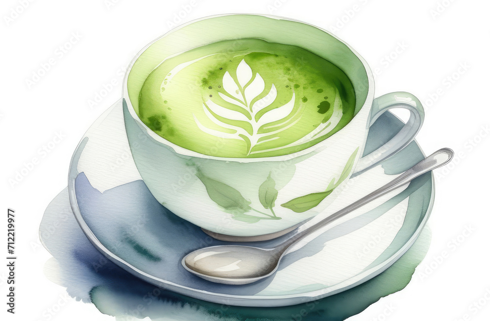 watercolor illustration of traditional Japanese green matcha tea in white cup with spoon. watercolor illustration of traditional Japanese green matcha tea in white cup with spoon.