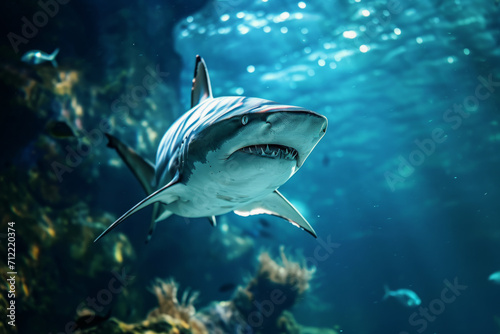 Shark swimming underwater in sea. Aggressive marine predator