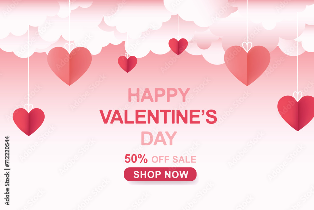 Poster or banner with pink gradient sky and paper cut out clouds. Place for text. Happy Valentine's Day sale header or voucher template with dangling paper hearts.