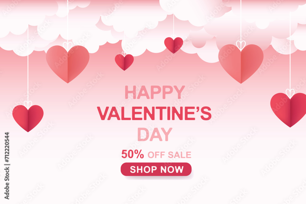 Poster or banner with pink gradient sky and paper cut out clouds. Place for text. Happy Valentine's Day sale header or voucher template with dangling paper hearts. Poster or banner with pink gradient sky and paper cut out clouds. Place for text. Happy Valentine's Day sale header or voucher template with dangling paper hearts.