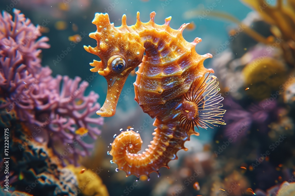 underwater close-up of a seahorse, its tiny tentacles swaying amidst coral reefs underwater close-up of a seahorse, its tiny tentacles swaying amidst coral reefs