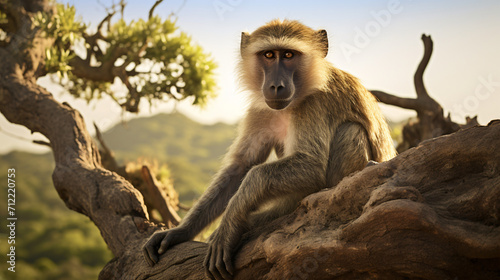 Baboon sitting on a tree photo