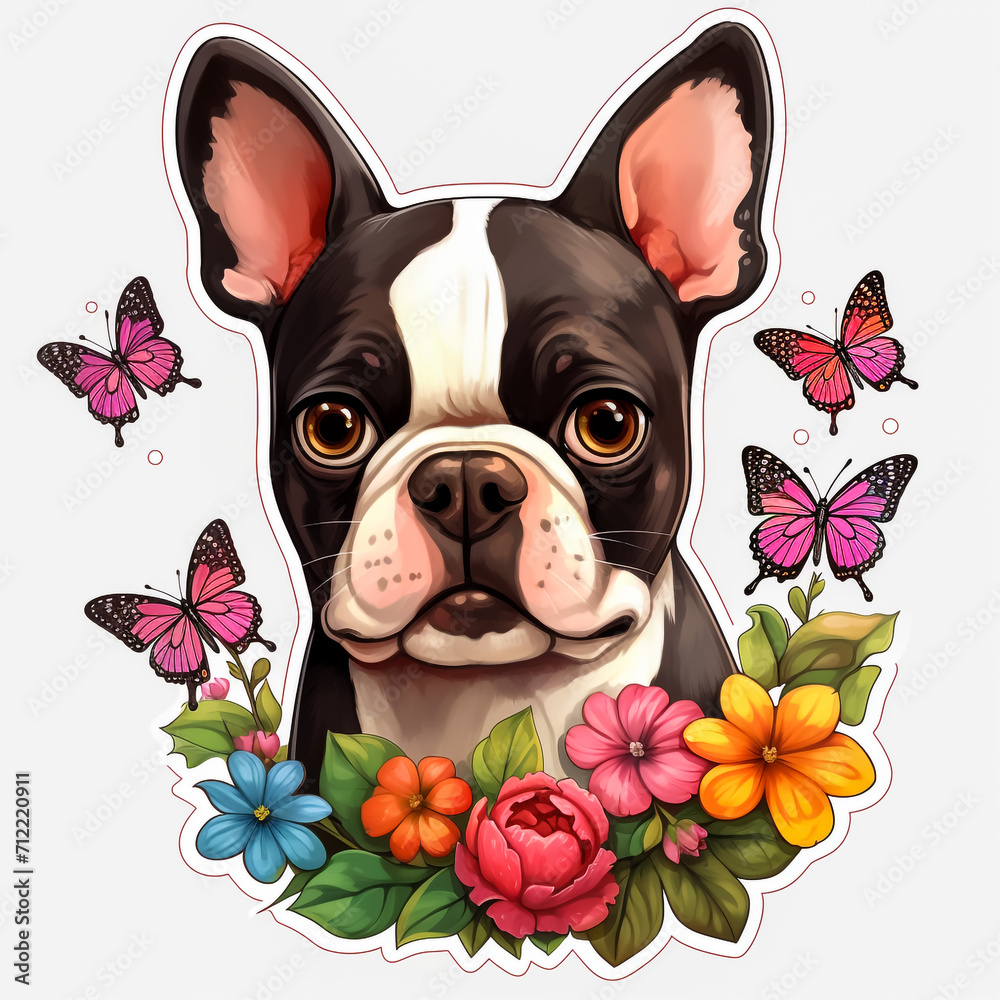 A charming cartoon illustration of a French Bulldog puppy on a white background, designed as a cute sticker that highlights the lovable features and playful character of this delightful canine breed