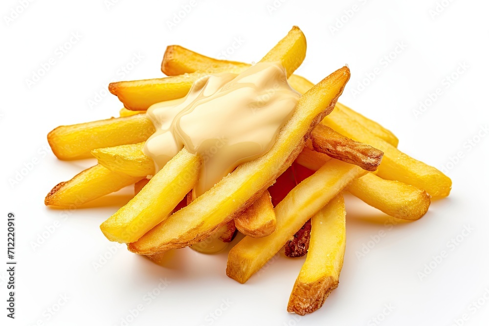 Tasty cheese sauce on white background covering French fries Tasty cheese sauce on white background covering French fries