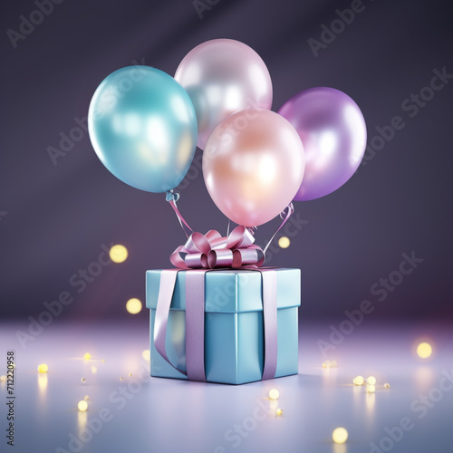 Gift boxes and balloons on dark background. 3d render of birthday background with gift box, balloons and confetti,