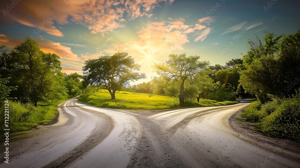 road in the sunset with green trees
