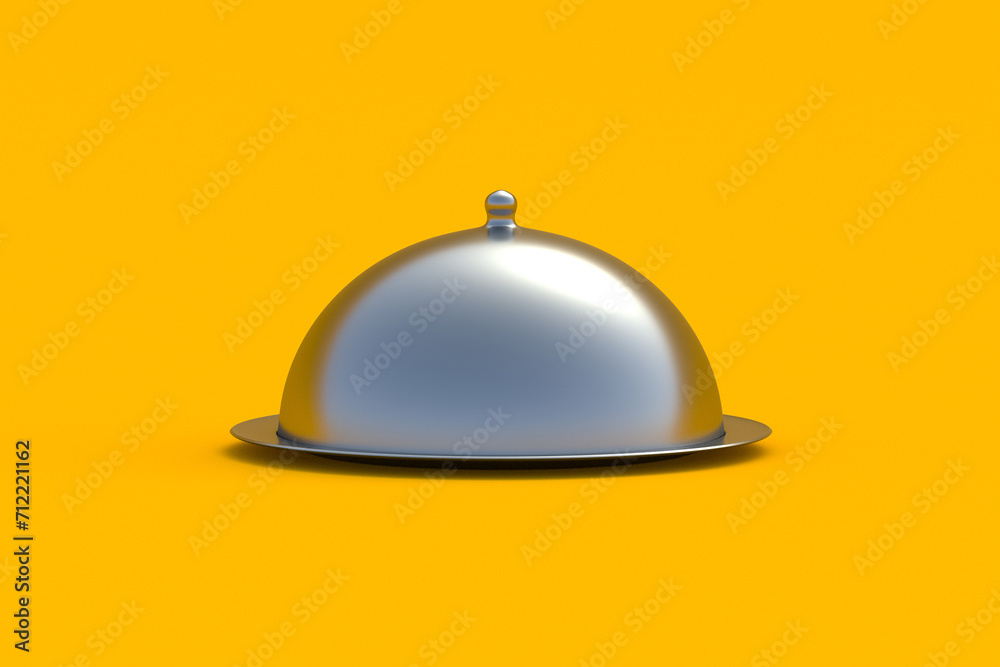 Fototapeta premium Silver restaurant trays with cloches. Banquet table setting. Food menu. Dishes in the kitchen. Luxury service. Cuisine of the world. 3d render