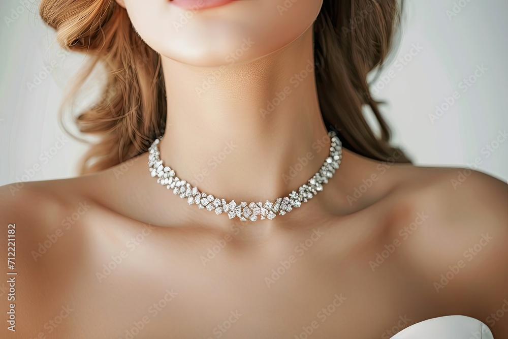 Elegant woman adorned in sparkling diamond necklace symbolizing upscale bridal jewelry