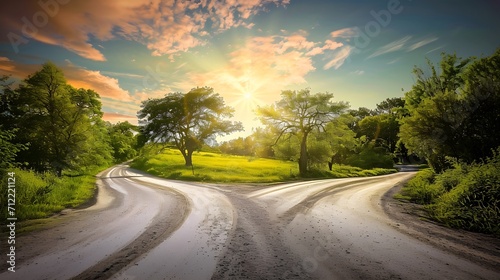 road in the sunset with green trees 