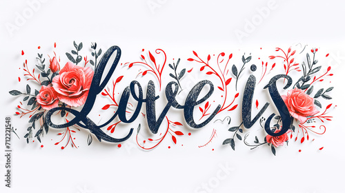 Watercolor design of a postcard with the inscription Love is.