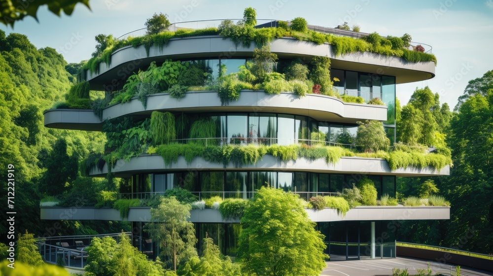 Eco-friendly building in the modern city. Sustainable glass office building with tree for reducing carbon dioxide. Office building with green environment. Corporate building reduce CO2 Ai generated