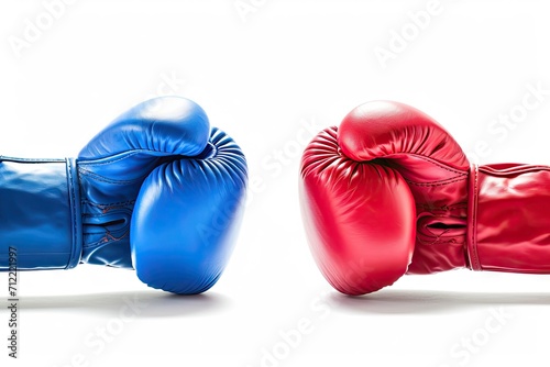 Boxing gloves in Red and Blue collide on a white surface