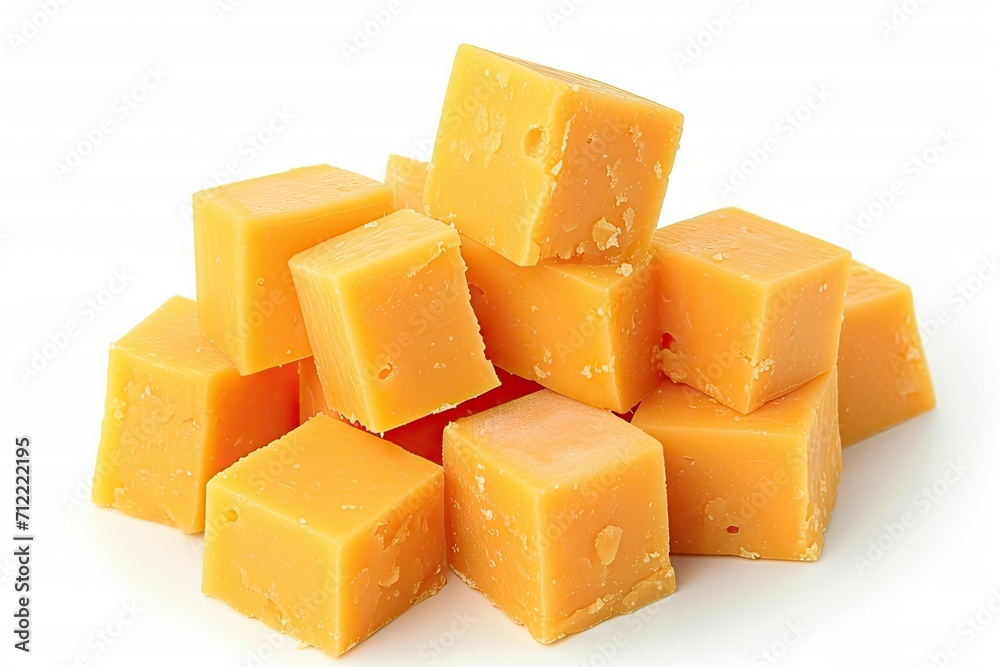 Isolated white cubes of cheddar cheese - obrazy, fototapety, plakaty 