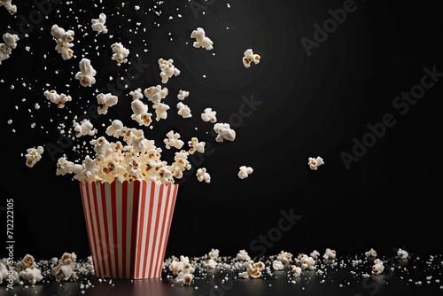Popcorn flying from bucket isolated on black TV or cinema concept