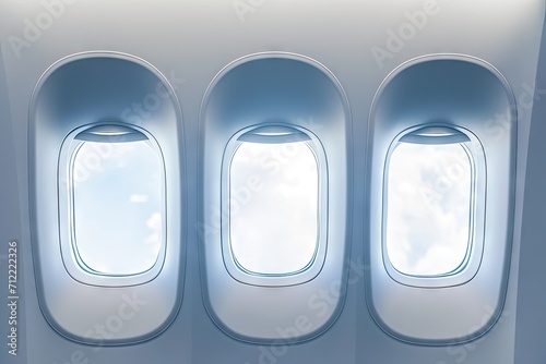 Open portholes on white plastic airplane window space for text