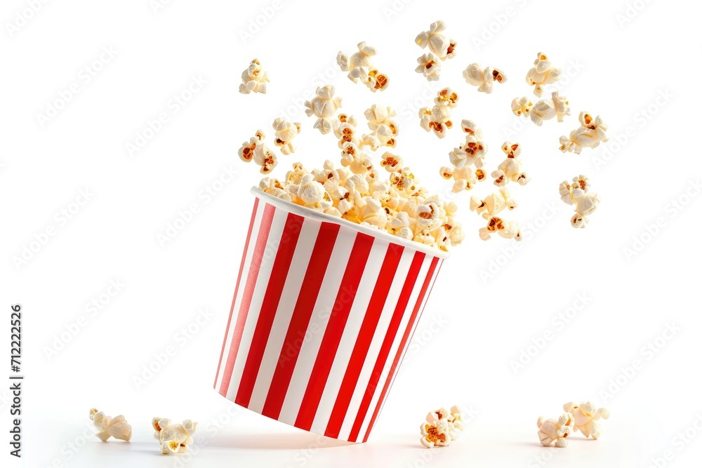 Popcorn erupting from striped cup on white backdrop