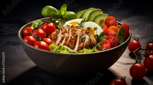 Healthy dinner. Buddha bowl lunch with grilled chicken, avocado, tometoes, eggs.
