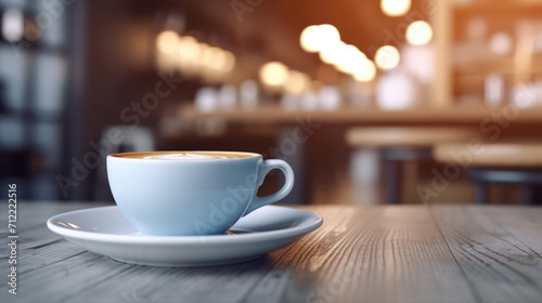 Coffee Cup on table Cafe shop Interior Blur background