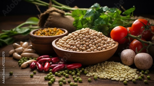 Close-up of a variety of legumes in wooden bowls with fresh vegetables on a brown background. Ingredients for vegetarian dishes, Healthy eating concepts.