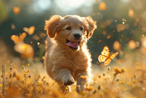 playful puppy chasing butterflies in a meadow