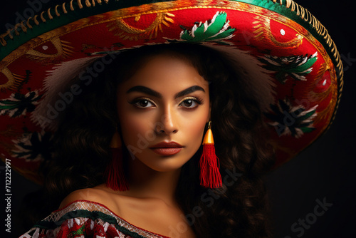 Portrait made with generative AI of young gorgeous mexican lady wear traditional sombrero hat