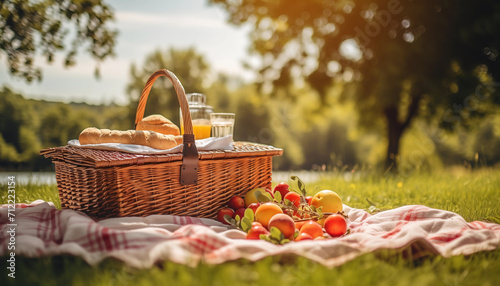 Picnic basket with food and drinks on blanket at summer park
