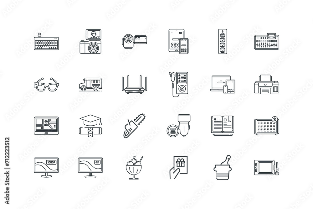 4K, Monitor icon, vector illustration,1080p, Monitor icon,Bluetooth Speaker icon,Book icon,Car Charger icon, Drawing Tablet icon,GPS, Navigation icon,Inkjet Printer icon,Laptop,set of icons for web