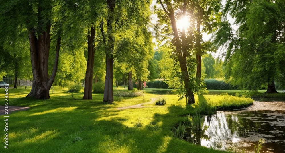Obraz premium a park with a river and trees in the background and a car parked on the side of the road, generative ai
