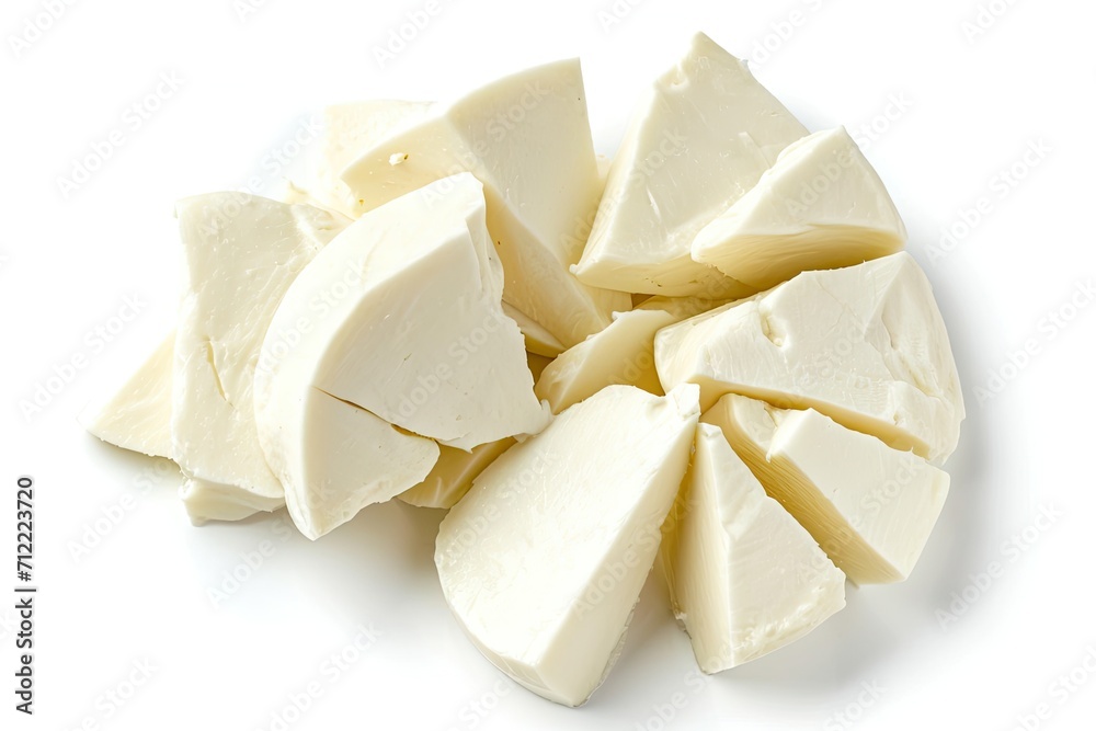 Sliced mozzarella cheese isolated on white background top view