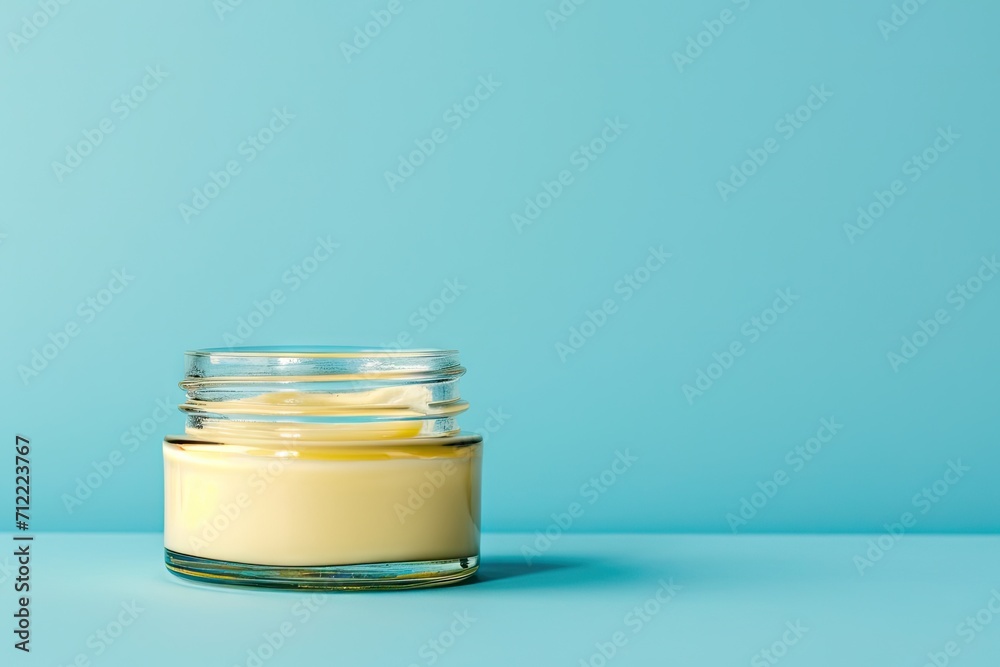 Clear jar with Vaseline or petroleum jelly on blue background providing space for text Skin ointment Clear jar with Vaseline or petroleum jelly on blue background providing space for text Skin ointment