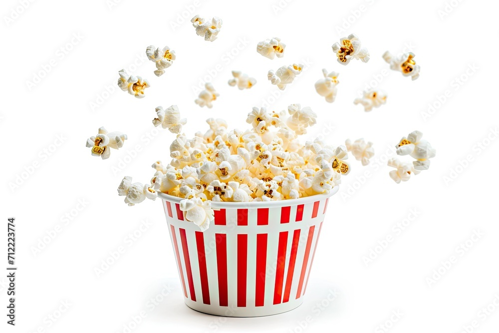 Popcorn cascading into striped bucket on white background