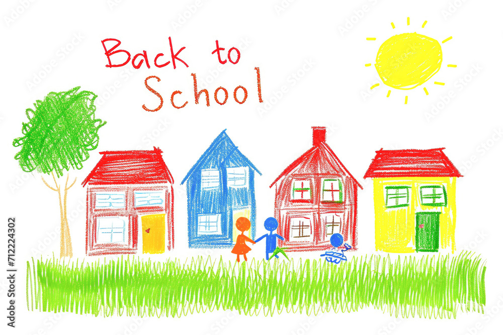 Back to school. Children's drawing of the village. 