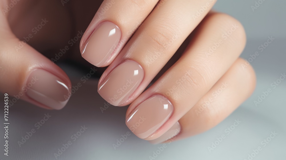 Woman hand with nude shades nail polish on her fingernails. Nude color nail manicure with gel polish at luxury beauty salon. Nail art and design. Female hand model. French manicure Ai generated - obrazy, fototapety, plakaty 