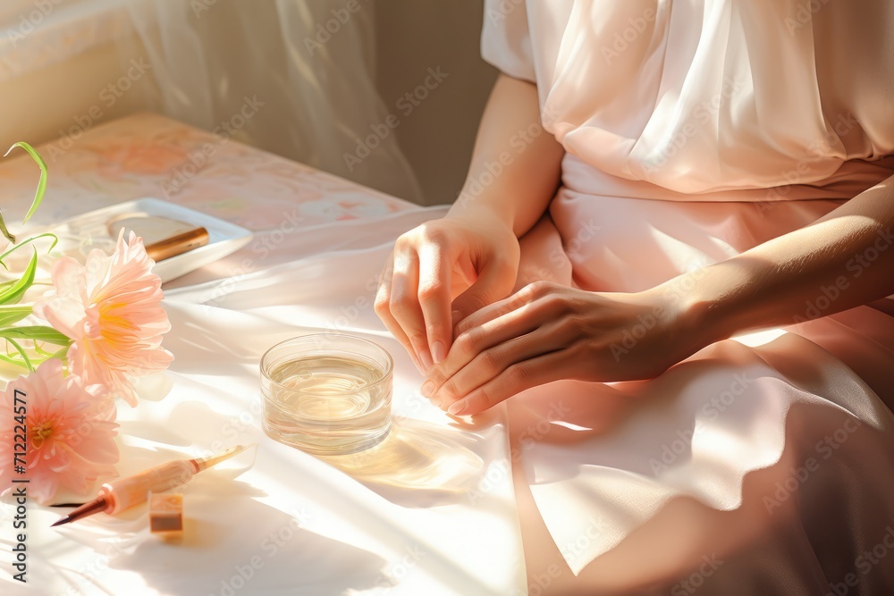 Naklejka premium Woman hand with nude shades nail polish on her fingernails. Nude color nail manicure with gel polish at luxury beauty salon. Nail art and design. Female hand model. French manicure Ai generated