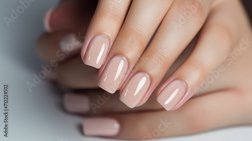 Woman hand with nude shades nail polish on her fingernails. Nude color nail manicure with gel polish at luxury beauty salon. Nail art and design. Female hand model. French manicure Ai generated