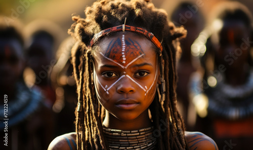Young indigenous African girl with traditional face paint and tribal attire stands resolutely, her gaze piercing, against a backdrop of her community members