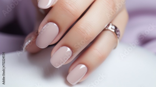 Woman hand with nude shades nail polish on her fingernails. Nude color nail manicure with gel polish at luxury beauty salon. Nail art and design. Female hand model. French manicure Ai generated