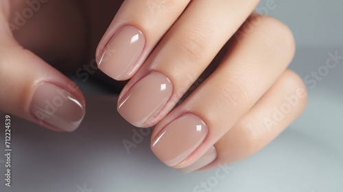 Woman hand with nude shades nail polish on her fingernails. Nude color nail manicure with gel polish at luxury beauty salon. Nail art and design. Female hand model. French manicure Ai generated photo