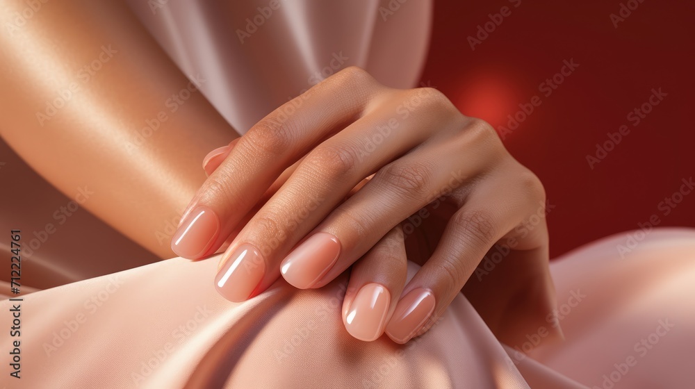 Woman hand with nude shades nail polish on her fingernails. Nude color nail manicure with gel polish at luxury beauty salon. Nail art and design. Female hand model. French manicure Ai generated Woman hand with nude shades nail polish on her fingernails. Nude color nail manicure with gel polish at luxury beauty salon. Nail art and design. Female hand model. French manicure Ai generated