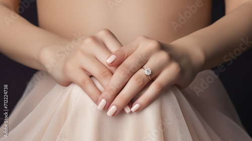 Woman hand with nude shades nail polish on her fingernails. Nude color nail manicure with gel polish at luxury beauty salon. Nail art and design. Female hand model. French manicure Ai generated