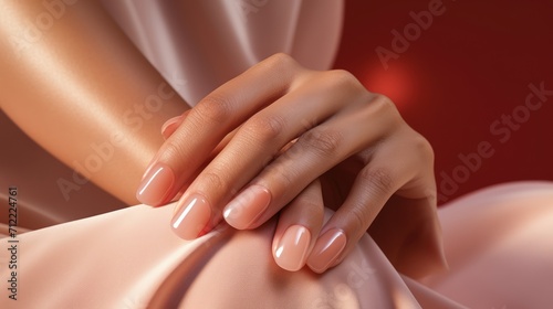 Woman hand with nude shades nail polish on her fingernails. Nude color nail manicure with gel polish at luxury beauty salon. Nail art and design. Female hand model. French manicure Ai generated