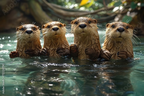 group of otters holding hands while floating down a serene river © jamrut