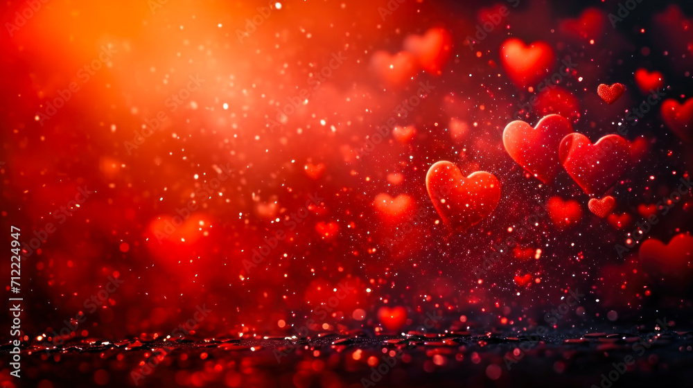 Glowing hearts floating in a dreamy red backdrop, evoking feelings of love, romance, Valentine's Day celebration, and the warmth of emotional connection