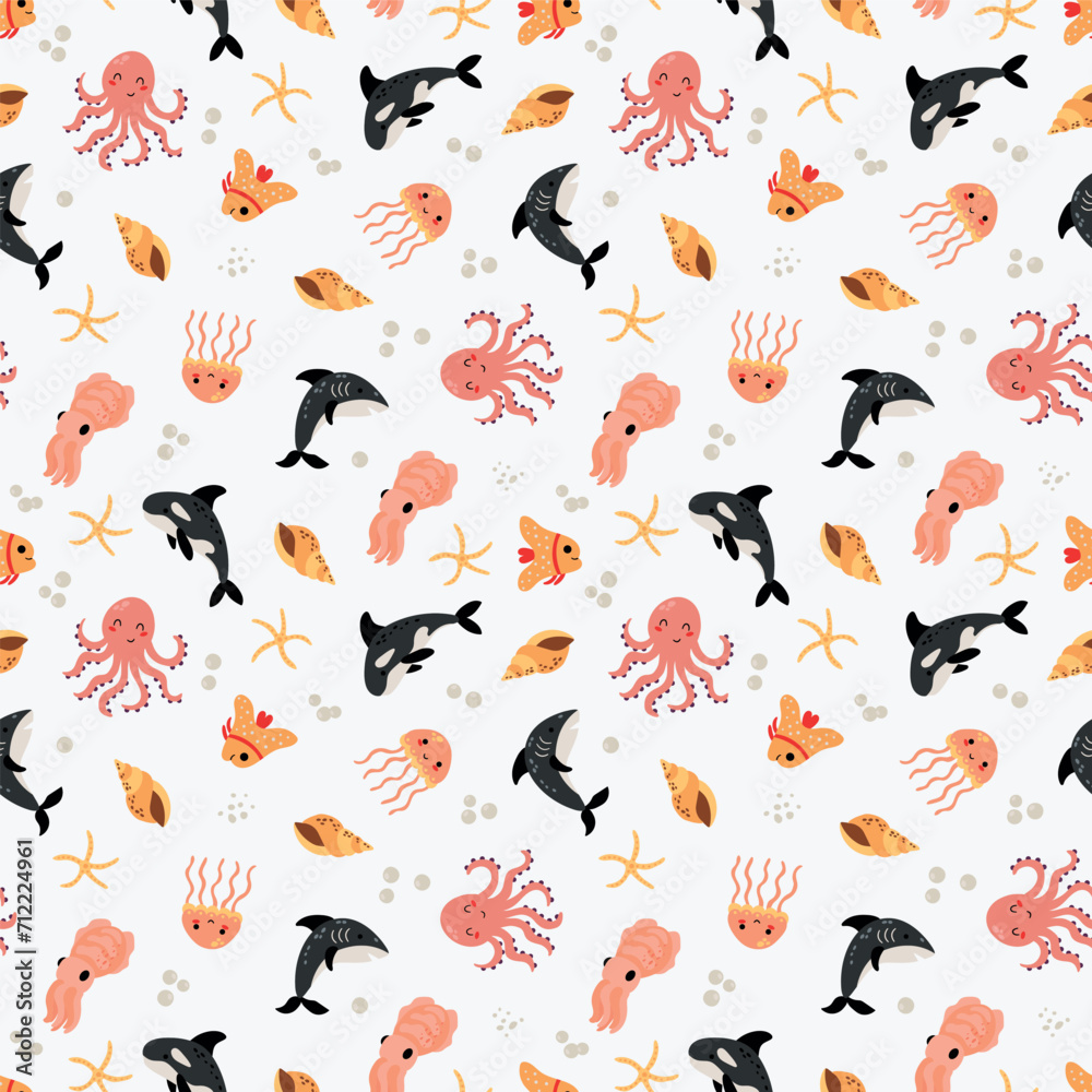 Fototapeta premium Seamless pattern with sea animals. Octopus, shark, cuttlefish, fish, jellyfish, snacks, starfish
