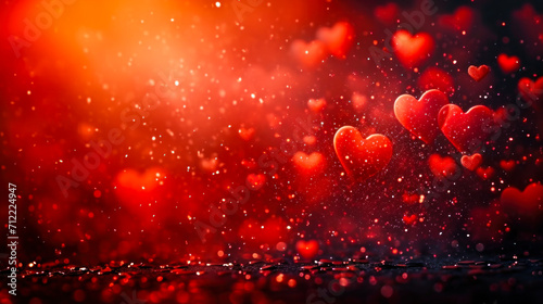 Glowing hearts floating in a dreamy red backdrop, evoking feelings of love, romance, Valentine's Day celebration, and the warmth of emotional connection